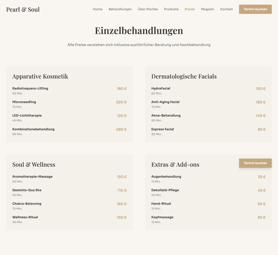 Ausschnitt der Preisseite von Pearl & Soul am Desktop: Überschrift Einzelbehandlungen und vier Preiskarten Apparative Kosmetik, Dermatologische Facials, Soul & Wellness sowie Extras & Add-ons, jede Behandlung mit Dauer in Minuten und Preis in Euro, Screenshot vom 27.10.2026