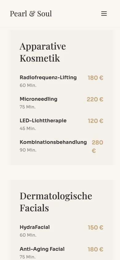 Preisseite auf dem Handy mit den Karten Apparative Kosmetik und Dermatologische Facials, jede Behandlung mit Dauer und Preis, Screenshot vom 27.10.2026