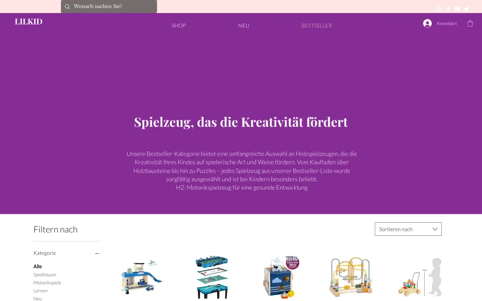 Seite Bestseller am Desktop mit violettem Band Spielzeug, das die Kreativität fördert und einer Reihe Holzspielzeug darunter, Screenshot vom 17.10.2026