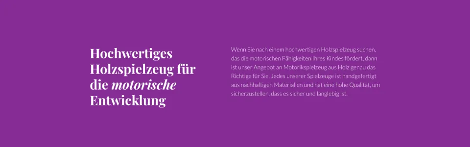 Abschnitt der Startseite mit der Überschrift Hochwertiges Holzspielzeug für die motorische Entwicklung und einem Textblock, Screenshot vom 17.10.2026
