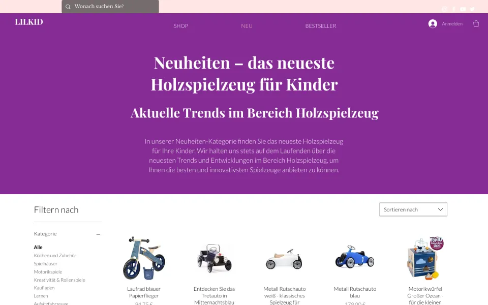 Seite Neu am Desktop mit der Überschrift Neuheiten, das neueste Holzspielzeug für Kinder und einer Produktreihe mit Laufrädern und Fahrzeugen, Screenshot vom 17.10.2026