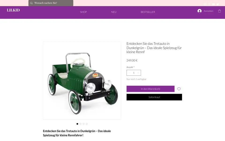 Produktseite Tretauto in Dunkelgrün am Desktop mit großem Produktbild, Preis, Mengenfeld, violettem Knopf In den Warenkorb und schwarzem Knopf Sofort kaufen, Screenshot vom 17.10.2026
