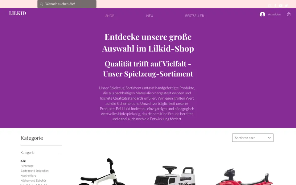 Shopseite von LILKID am Desktop mit violettem Einleitungsband Entdecke unsere große Auswahl im Lilkid-Shop, links der Kategoriefilter, rechts die ersten Fahrzeuge, Screenshot vom 17.10.2026