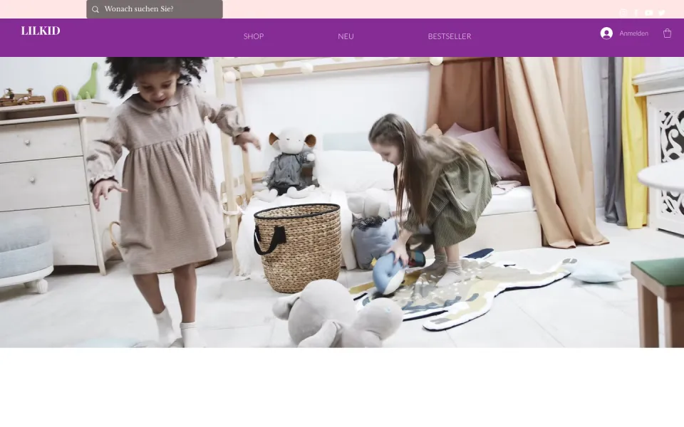Startseite von LILKID am Desktop: Suchleiste und violette Kopfzeile mit Shop, Neu und Bestseller, darunter ein großes Kinderzimmermotiv mit zwei spielenden Kindern, Screenshot vom 17.10.2026