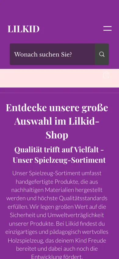 Shopseite von LILKID auf dem Handy mit violetter Kopfzeile, Suchfeld und der Überschrift Entdecke unsere große Auswahl im Lilkid-Shop, Screenshot vom 17.10.2026