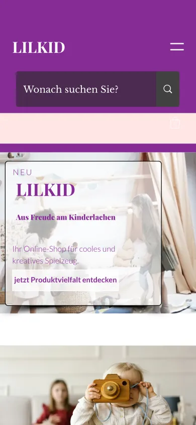 Dieselbe Startseite auf dem Handy mit Schriftzug LILKID, Suchfeld Wonach suchen Sie? und einem Kinderzimmerbild mit dem Satz Aus Freude am Kinderlachen, Screenshot vom 17.10.2026