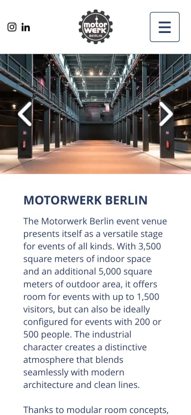 Englische Startseite des Motorwerk Berlin auf dem Handy mit dem Hallenfoto und dem englischen Willkommenstext, Screenshot vom 17.10.2026