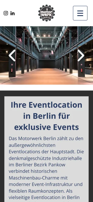 Dieselbe Themenseite auf dem Handy mit Hallenfoto und der Überschrift Ihre Eventlocation in Berlin für exklusive Events, Screenshot vom 17.10.2026