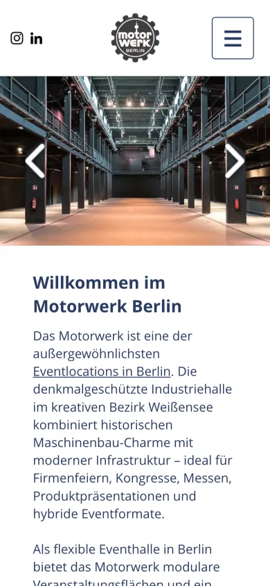 Dieselbe Startseite auf dem Handy mit dem Foto der Halle und dem Willkommenstext, Screenshot vom 17.10.2026