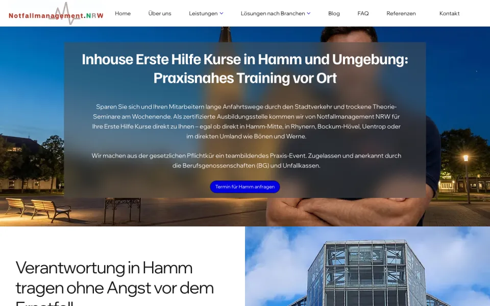 Seite Inhouse Erste Hilfe Kurse in Hamm und Umgebung am Desktop mit Einleitung und dem Knopf Termin für Hamm anfragen, Screenshot vom 17.10.2026