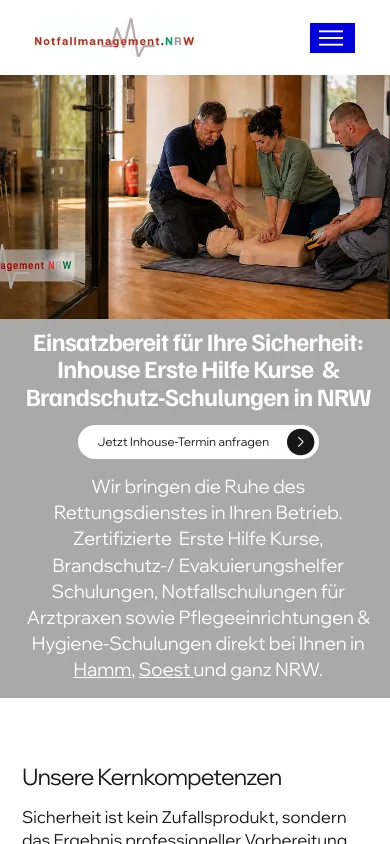 Dieselbe Startseite auf dem Handy mit der Überschrift Einsatzbereit für Ihre Sicherheit und dem Knopf Jetzt Inhouse-Termin anfragen, Screenshot vom 17.10.2026