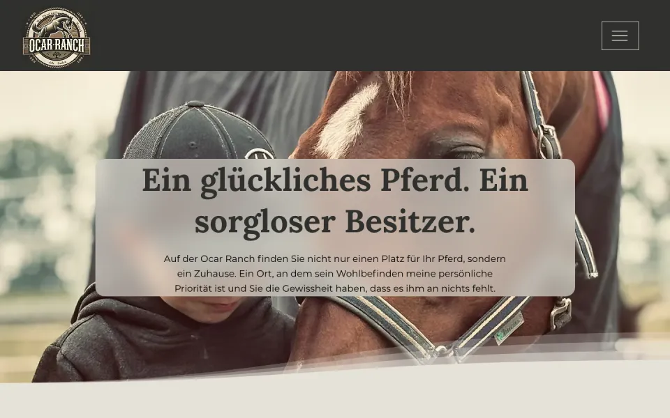 Seite Pferdepension am Desktop mit Pferdekopf im Bild und der Überschrift Ein glückliches Pferd, ein sorgloser Besitzer, Screenshot vom 17.10.2026