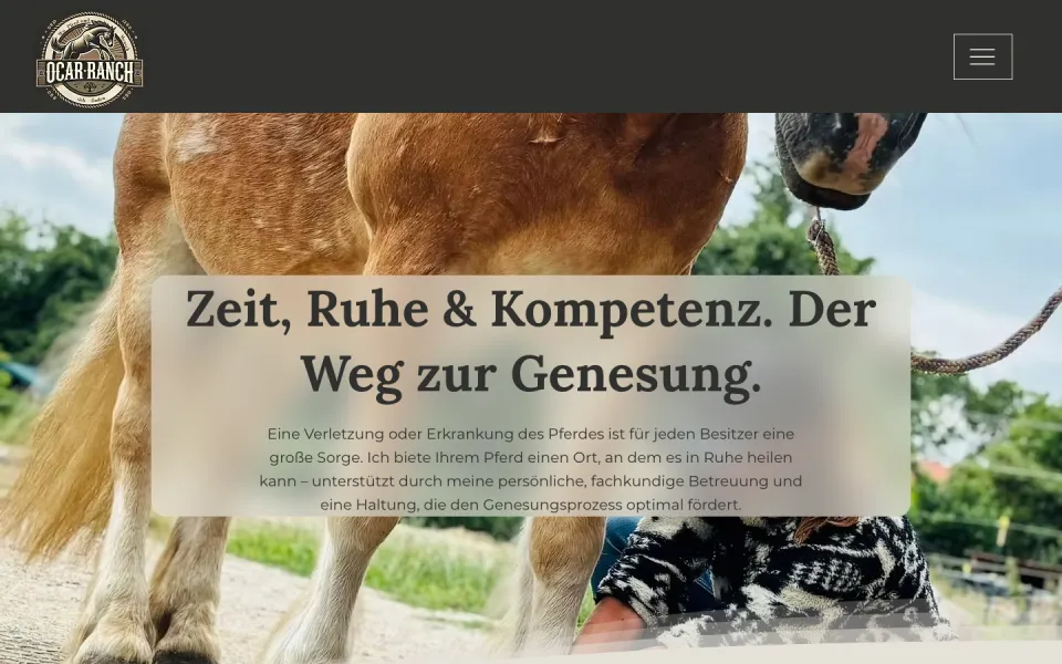 Seite Pferde-Reha am Desktop mit einem Pferd auf der Weide und der Überschrift Zeit, Ruhe und Kompetenz, der Weg zur Genesung, Screenshot vom 17.10.2026