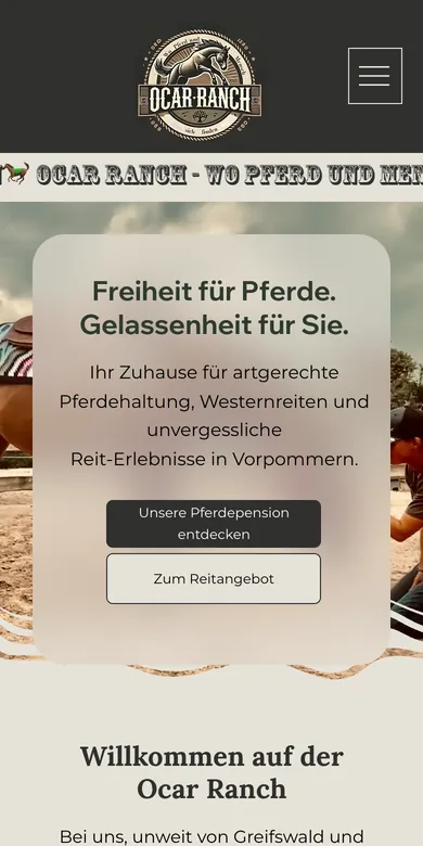 Startseite der Website von Ocar Ranch auf dem Handy, Screenshot vom 16.10.2026