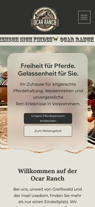 Dieselbe Startseite auf dem Handy mit dem Leitsatz und zwei Knöpfen zur Pferdepension und zum Reitangebot, Screenshot vom 17.10.2026
