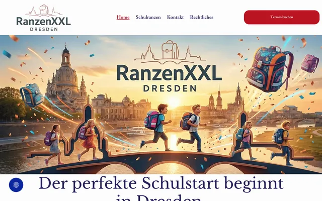 Startseite der Website von Ranzen XXL Dresden am Desktop, Screenshot vom 17.10.2026