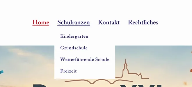 Hauptnavigation von Ranzen XXL Dresden mit geöffnetem Menü Schulranzen und den Einträgen Kindergarten, Grundschule, Weiterführende Schule und Freizeit, Screenshot vom 17.10.2026
