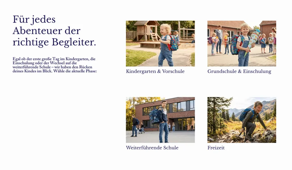 Abschnitt der Startseite mit der Überschrift Für jedes Abenteuer der richtige Begleiter und vier Bildkacheln: Kindergarten und Vorschule, Grundschule und Einschulung, weiterführende Schule, Freizeit. Screenshot vom 17.10.2026
