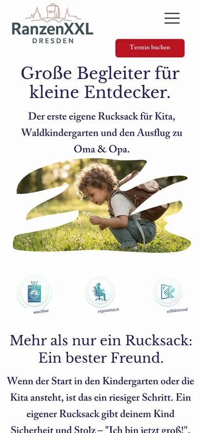 Seite Kindergarten auf dem Handy mit der Überschrift Große Begleiter für kleine Entdecker und einem Foto eines Kleinkinds mit Rucksack auf einer Wiese, Screenshot vom 17.10.2026