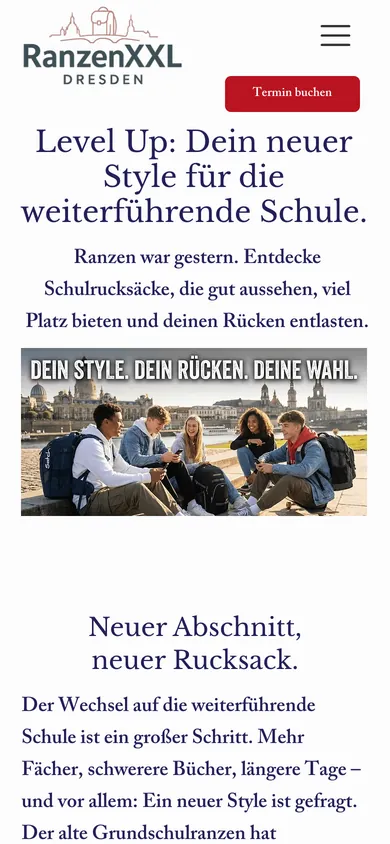 Seite Weiterführende Schule auf dem Handy mit der Überschrift Level Up: Dein neuer Style für die weiterführende Schule und einem Foto von Jugendlichen mit Schulrucksäcken an der Elbe, Screenshot vom 17.10.2026