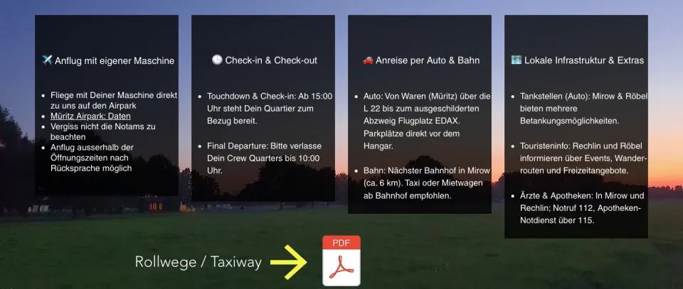 Seite Approach am Desktop: vier dunkle Spalten vor einem Abendhimmel mit Anflug, Check-in und Check-out, Anreise per Auto und Bahn sowie lokaler Infrastruktur, darunter ein Pfeil zum PDF Rollwege, Screenshot vom 17.10.2026