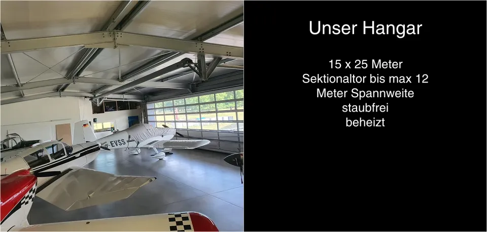 Abschnitt Unser Hangar: links ein Foto ins Innere des Hangars mit abgestellten Kleinflugzeugen, rechts auf Schwarz die Angaben 15 x 25 Meter, Sektionaltor bis max 12 Meter Spannweite, staubfrei, beheizt, Screenshot vom 17.10.2026