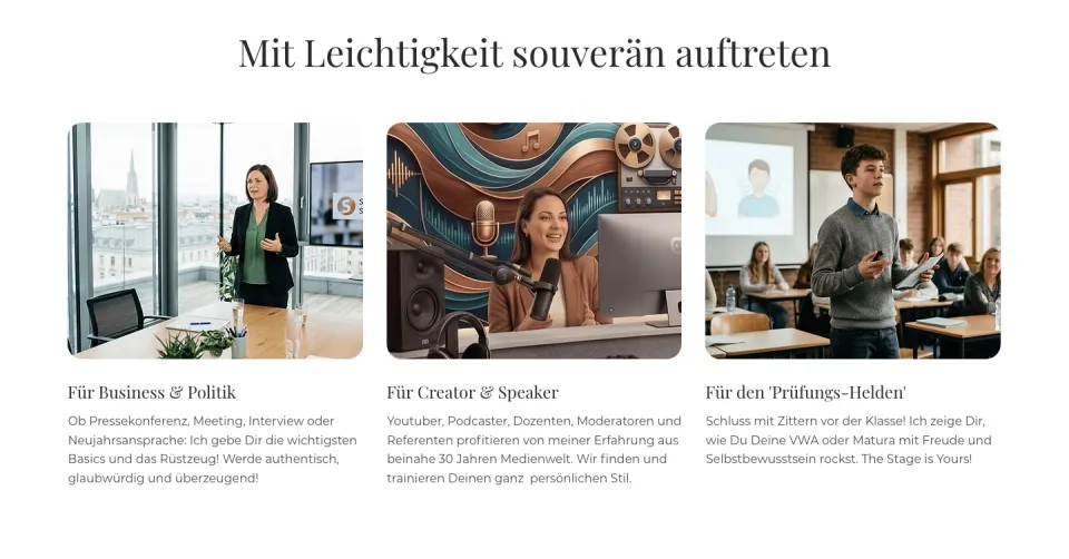 Abschnitt Mit Leichtigkeit souverän auftreten auf der Startseite mit drei Bildern und Texten: Für Business und Politik, Für Creator und Speaker, Für den Prüfungs-Helden, Screenshot vom 17.10.2026
