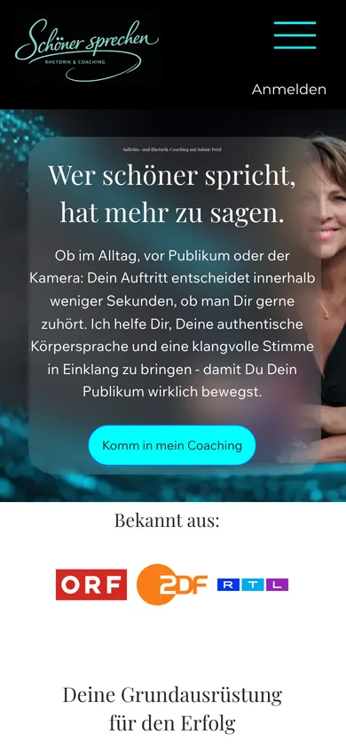 Dieselbe Startseite auf dem Smartphone, 390 Pixel breit: Überschrift, Text und Knopf „Komm in mein Coaching“ im ersten Bildschirm