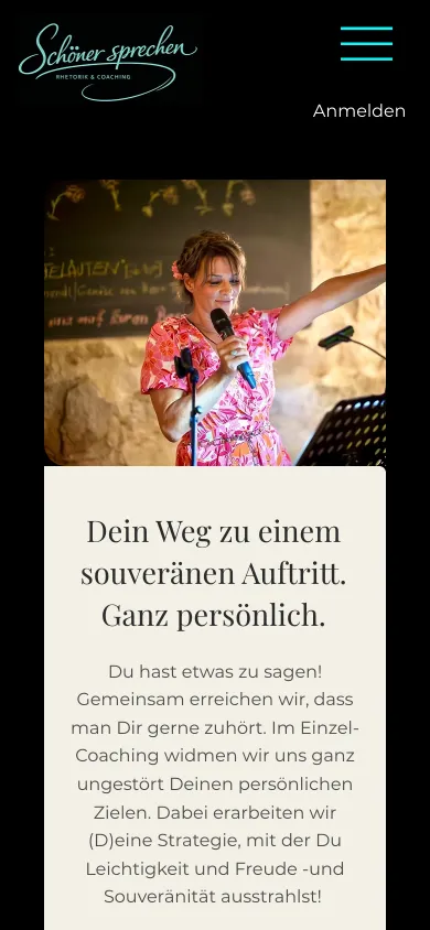 Seite Einzel-Coaching auf dem Handy mit einem Foto der Trainerin auf einer Bühne und der Überschrift Dein Weg zu einem souveränen Auftritt. Ganz persönlich., Screenshot vom 17.10.2026