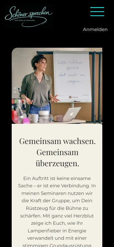 Seite Kurse und Seminare auf dem Handy mit der Trainerin vor einem Flipchart und der Überschrift Gemeinsam wachsen. Gemeinsam überzeugen., Screenshot vom 17.10.2026