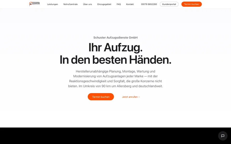 Startseite der Website von Schuster Aufzugsdienste am Desktop, Screenshot vom 16.10.2026