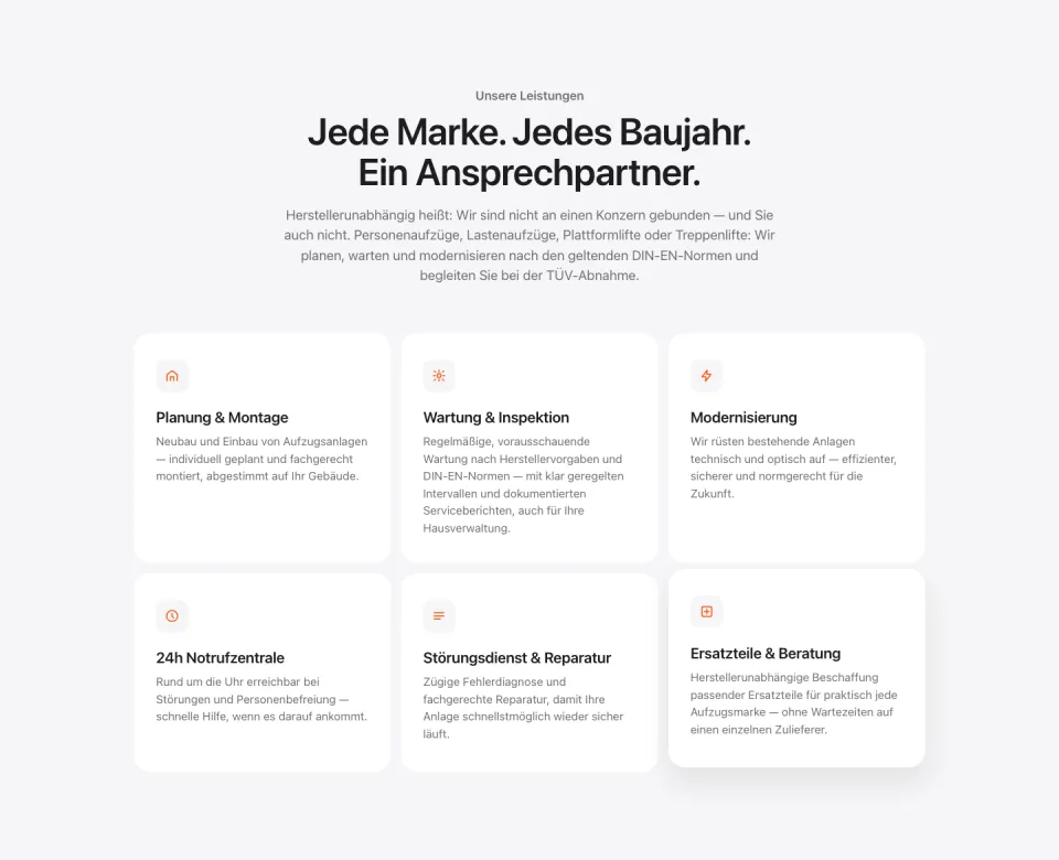 Abschnitt Unsere Leistungen mit der Überschrift Jede Marke. Jedes Baujahr. Ein Ansprechpartner. und sechs weißen Karten mit orangen Symbolen, Screenshot vom 17.10.2026