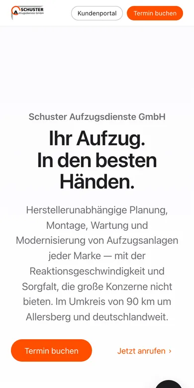 Startseite der Website von Schuster Aufzugsdienste auf dem Handy, Screenshot vom 16.10.2026