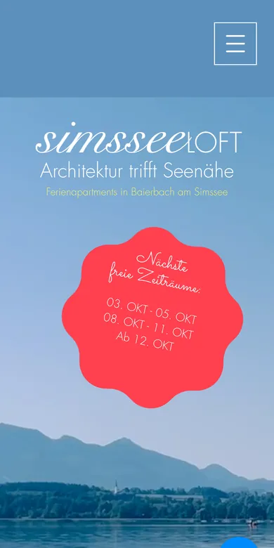 Startseite der Website von simsseeLOFT auf dem Handy, Screenshot vom 16.10.2026