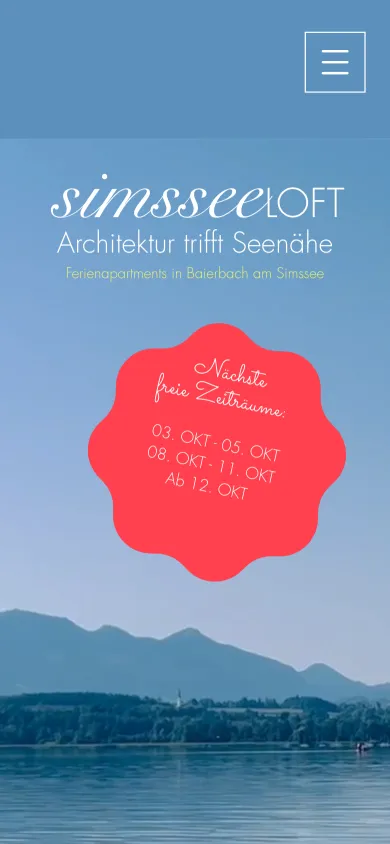 Dieselbe Startseite auf dem Handy mit Schriftzug, Seeblick und dem Siegel für freie Zeiträume, Screenshot vom 17.10.2026