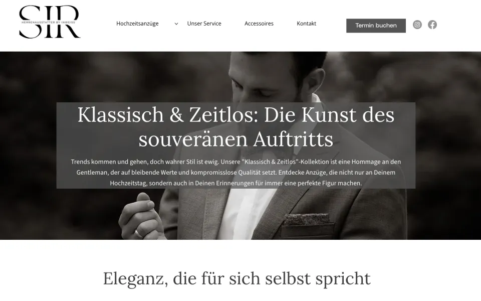 Seite Klassisch & Zeitlos am Desktop mit einem Schwarz-Weiß-Foto eines Bräutigams mit Fliege und der Überschrift Die Kunst des souveränen Auftritts, Screenshot vom 17.10.2026