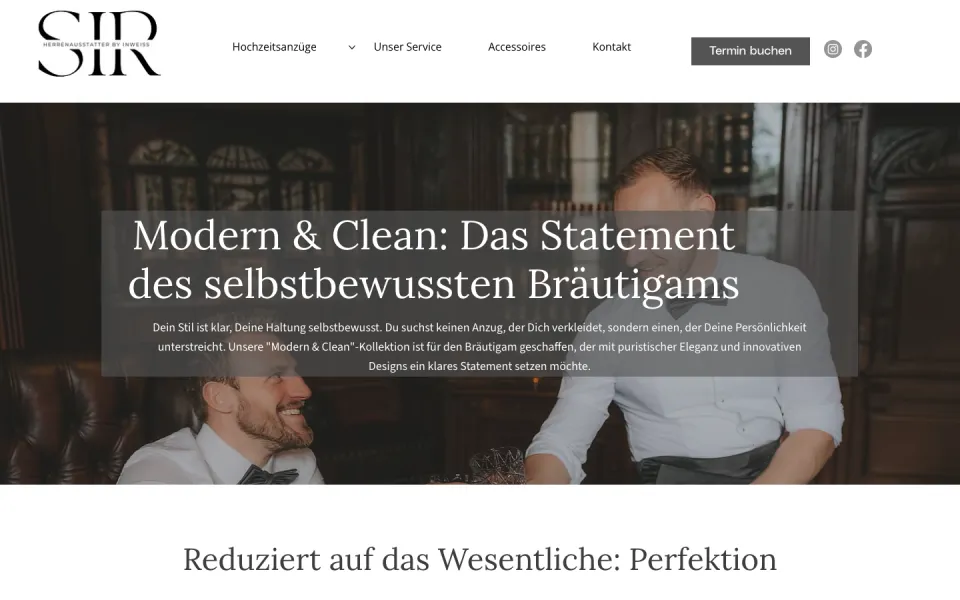 Seite Modern & Clean am Desktop mit zwei lachenden Männern in Hemd und Weste und der Überschrift Das Statement des selbstbewussten Bräutigams, Screenshot vom 17.10.2026