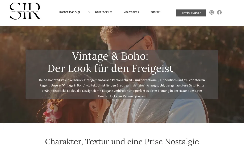 Seite Vintage & Boho am Desktop mit einem Paar in warmem Licht und der Überschrift Der Look für den Freigeist, Screenshot vom 17.10.2026