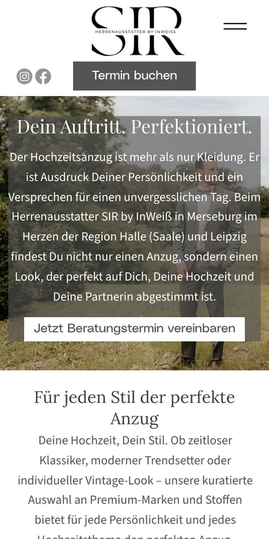 Startseite der Website von SIR by InWeiß auf dem Handy, Screenshot vom 17.10.2026