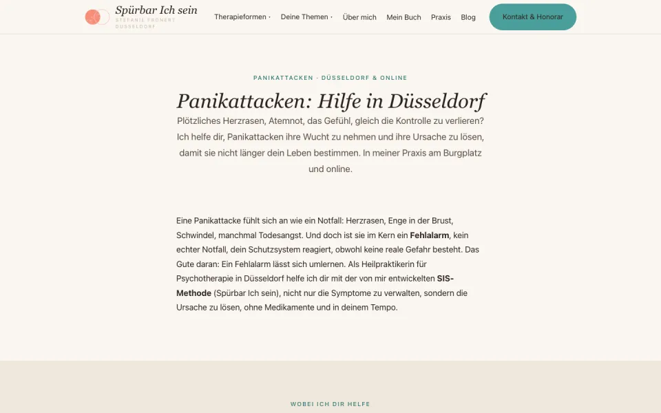 Seite Panikattacken: Hilfe in Düsseldorf am Desktop mit kursiver Überschrift, kurzem Einleitungstext und einem längeren Absatz zur Panikattacke als Fehlalarm, Screenshot vom 17.10.2026
