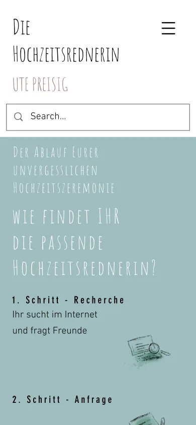 Seite Ablauf auf dem Handy mit der Frage Wie findet Ihr die passende Hochzeitsrednerin und den ersten Schritten Recherche und Anfrage, Screenshot vom 27.10.2026