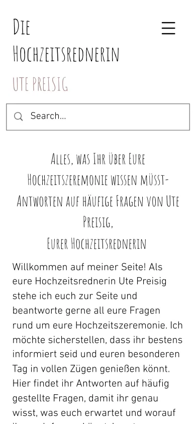 Seite mit häufigen Fragen auf dem Handy, Überschrift Alles, was Ihr über Eure Hochzeitszeremonie wissen müsst, darunter ein Begrüßungstext, Screenshot vom 27.10.2026
