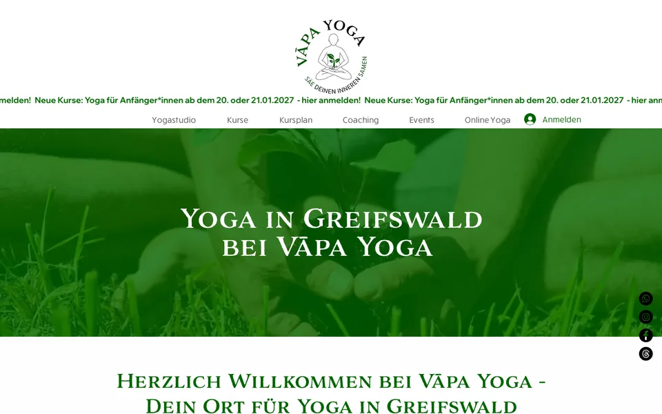 Startseite der Website von Vāpa Yoga Greifswald am Desktop, Screenshot vom 17.10.2026