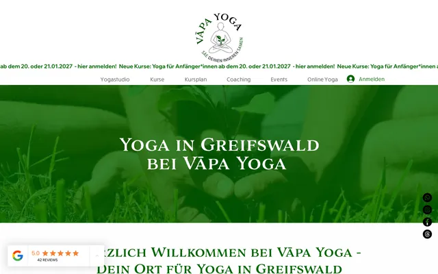 Startseite der Website von Vāpa Yoga Greifswald am Desktop, Screenshot vom 17.10.2026
