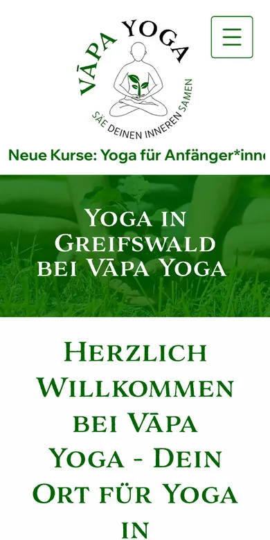Startseite der Website von Vāpa Yoga Greifswald auf dem Handy, Screenshot vom 17.10.2026