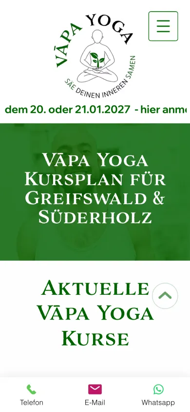 Seite Kursplan auf dem Handy mit der Überschrift Vāpa Yoga Kursplan für Greifswald und Süderholz, Screenshot vom 17.10.2026