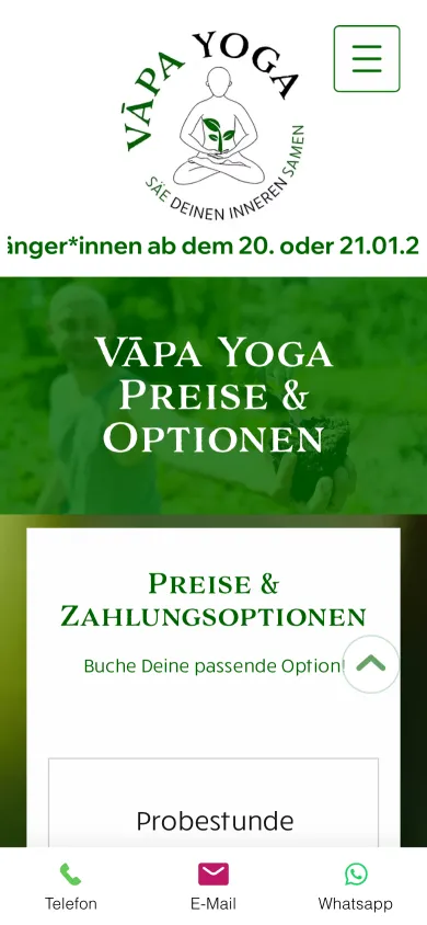 Seite Preise und Optionen auf dem Handy mit der Überschrift Preise und Zahlungsoptionen und der ersten Option Probestunde, Screenshot vom 17.10.2026