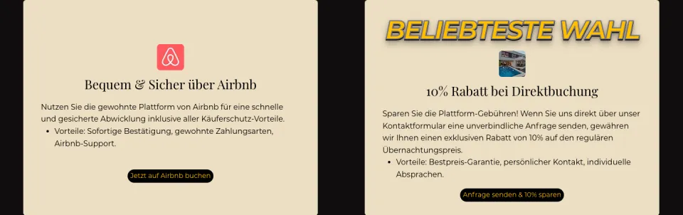 Zwei beige Karten auf schwarzem Grund: links Bequem & Sicher über Airbnb mit Airbnb-Logo, rechts unter dem gelben Schriftzug Beliebteste Wahl 10 % Rabatt bei Direktbuchung, Screenshot vom 17.10.2026