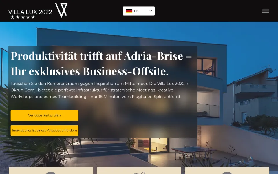 Seite Business-Retreats am Desktop mit der Überschrift Produktivität trifft auf Adria-Brise und den Knöpfen Verfügbarkeit prüfen und Individuelles Business-Angebot anfordern, Screenshot vom 17.10.2026