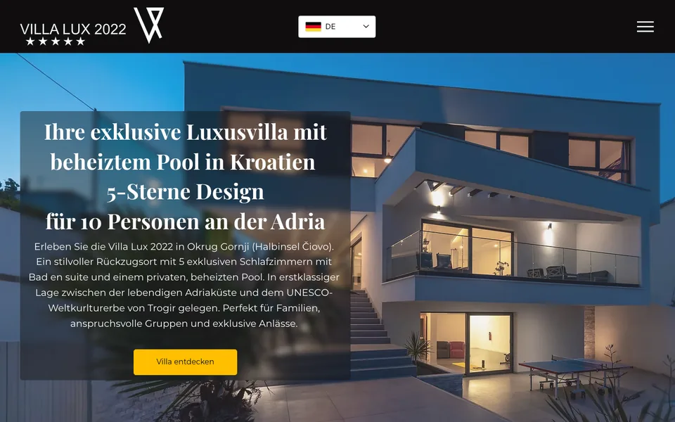 Startseite der Website von Villa Lux 2022 am Desktop, Screenshot vom 17.10.2026